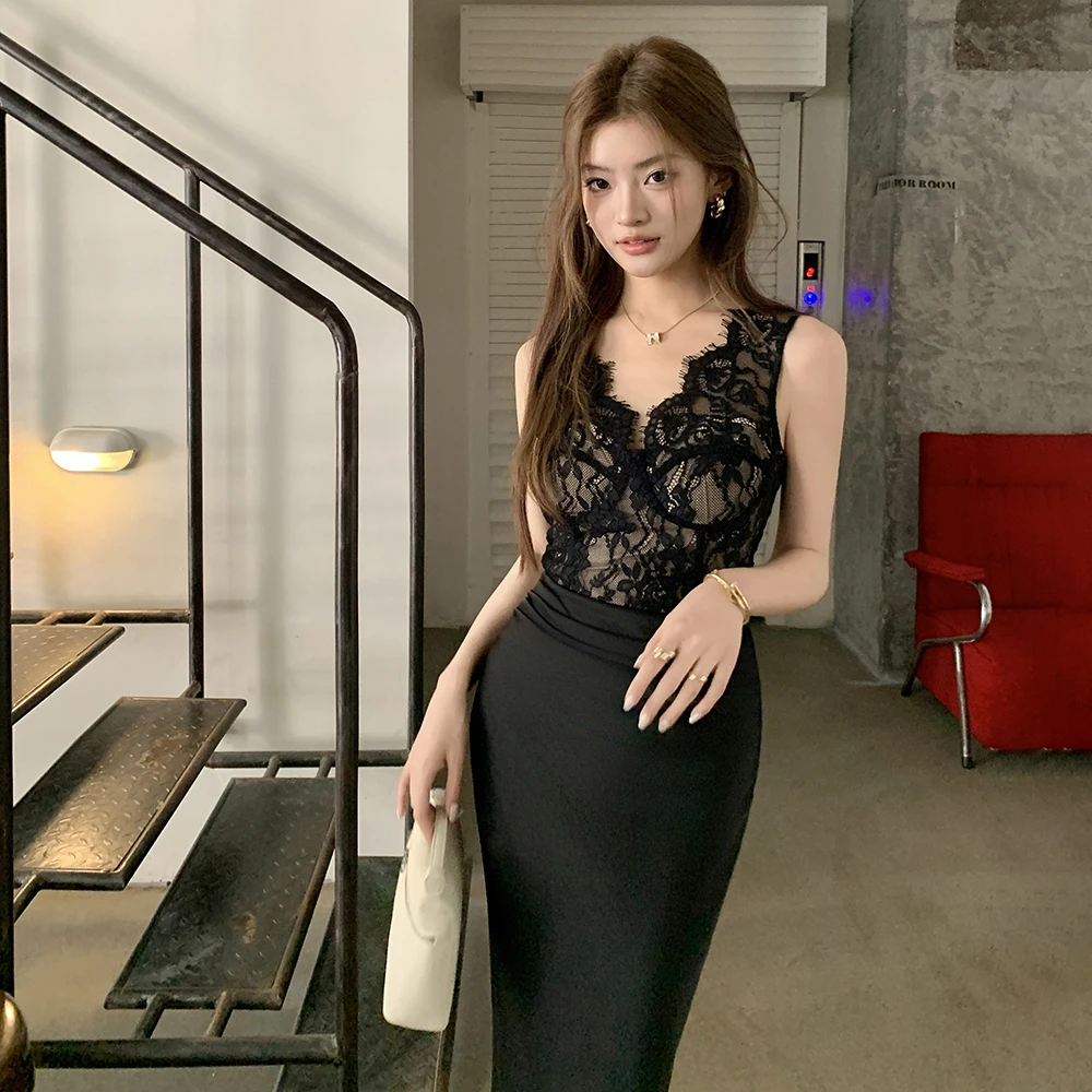 엘리 퓨어 컬러 하이웨이스트 레이스 슬림핏 V넥 새틴 랩 드레스 여성용 슬림핏 스커트 봄 여름 신상품