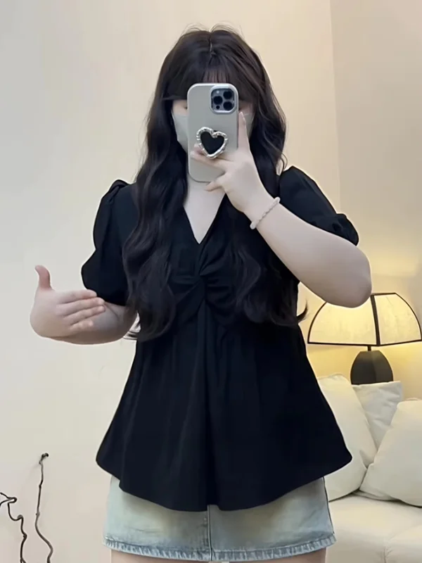 Damska koszulka plus size w stylu vintage z falbanką, dekoltem w serek, wyszczuplająca, w stylu koreańskim, do pracy, o regularnym kroju.