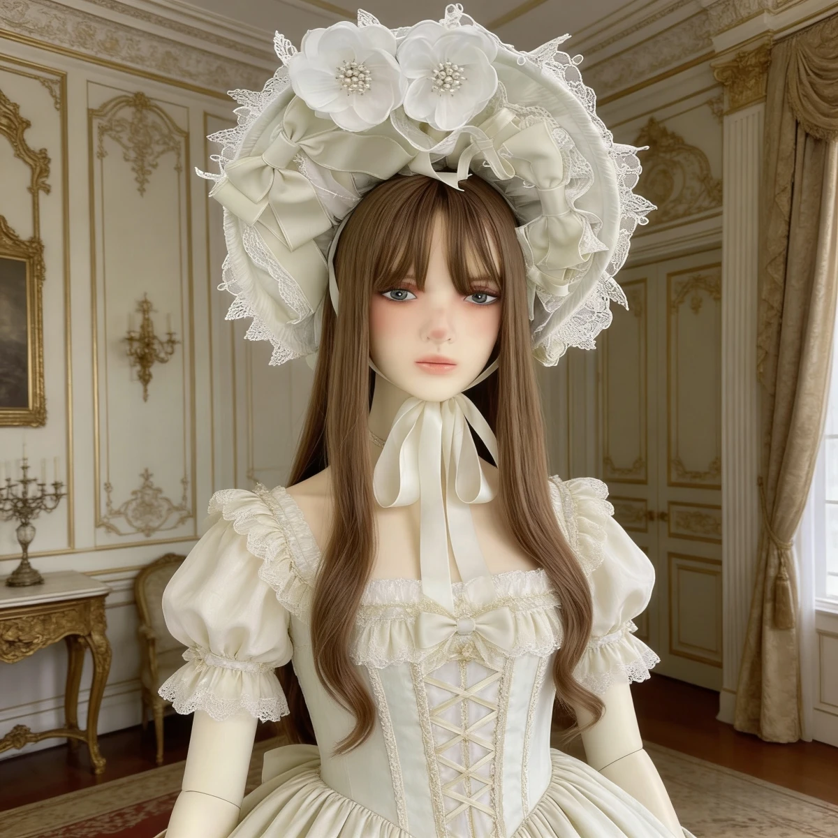 Viktorianische Spitzen-Bonnet-Hüte mit Schleifen- und Blumendesign für Hochzeiten, Cosplay und modische Partys. – Detail 4