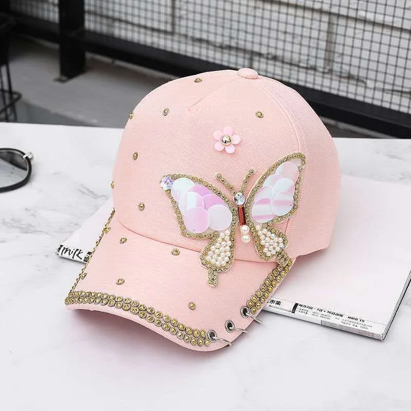 Sequin Baseball Cap for Women Butterfly Kpop Shiny Peaked Caps Summer Mesh Adjustable Outdoor Travel Sunscreen Sun Hat Female