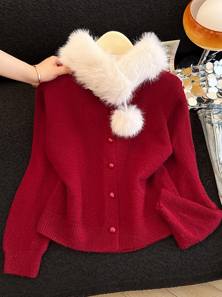 

Женский вязаный свитер с длинными рукавами и меховым воротником, осенне-зимний модный облегающий кардиган, винтажный трикотаж