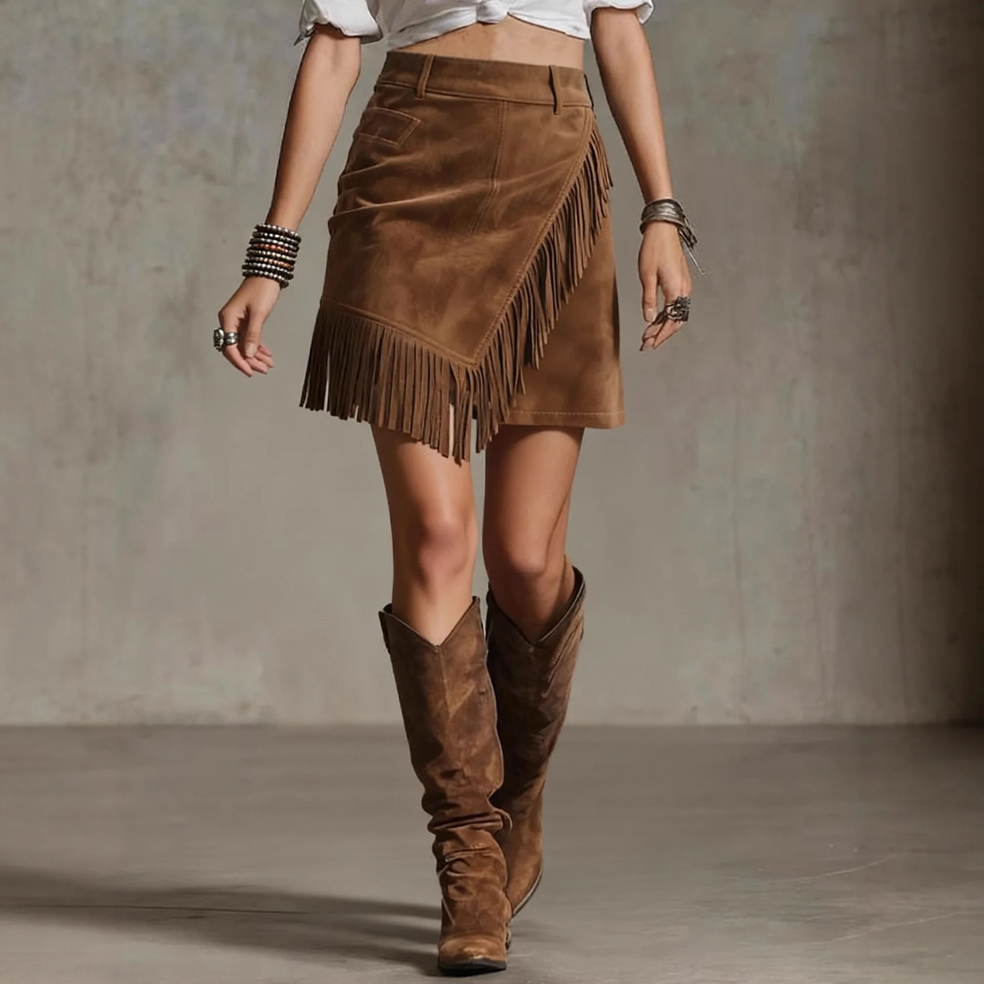 

New European And American Style Women's Retro Western Suede Casual Asymmetrical Fringed Hem Bodycon Mini Skirt