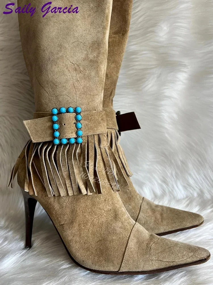 레트로 프린지 로마 부츠 블루 크리스탈 버클 스트랩 무릎 높이 부츠 지적 발가락 사이드 지퍼 하이힐 패션 캐주얼 신발 2025