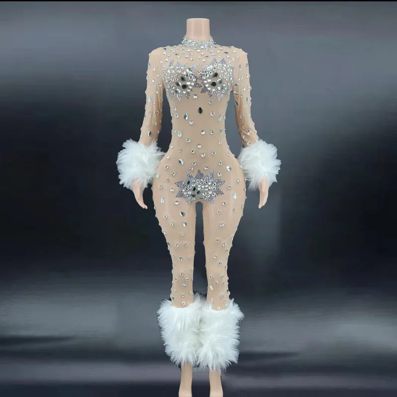 โปร่งใสJumpsuitคริสตัลFeatherนักร้องเต้นรําเซ็กซี่คอสเพลย์Rhinestonesชุดพรหมปาร์ตี้Bodysuit