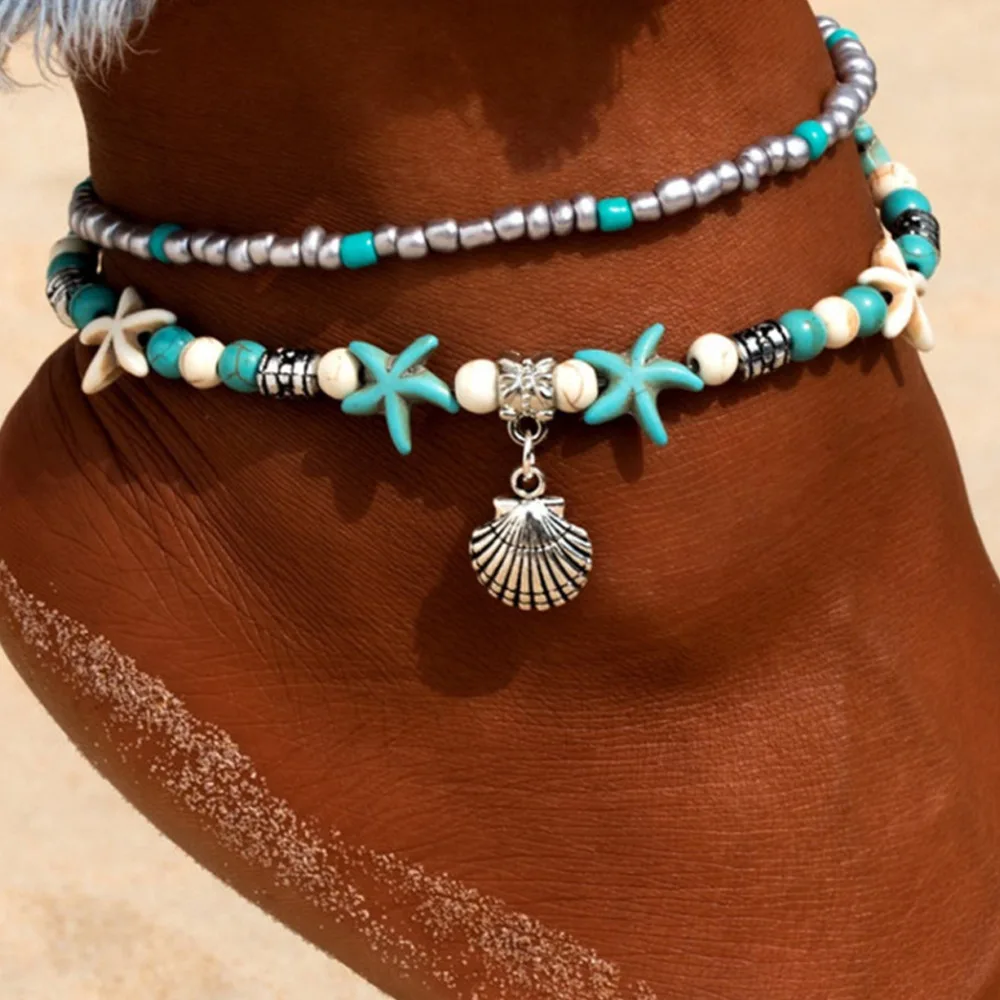 Vintage Turquoise Starfish Turtle Foot Ornaments Beach Layer Beaded Hollow Double Anklet for Women Valentine's Day Gift