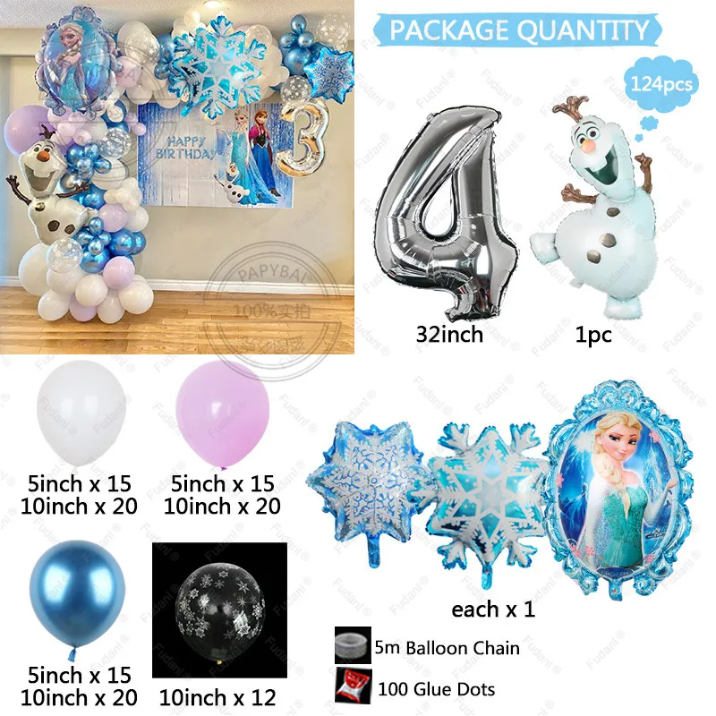 124 Uds Globos temáticos de Frozen Kit de arco de guirnalda copo de nieve Elsa Olaf Globos de aluminio niñas fiesta de cumpleaños decoración de Baby Shower Global