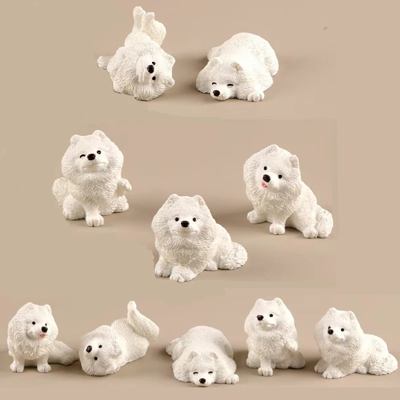 5PCS Realistic Mini Samoyed Decorative Figurines Kawaii Dogs Resin Desk Decoration Miniatures Home Decor DIY Accessories