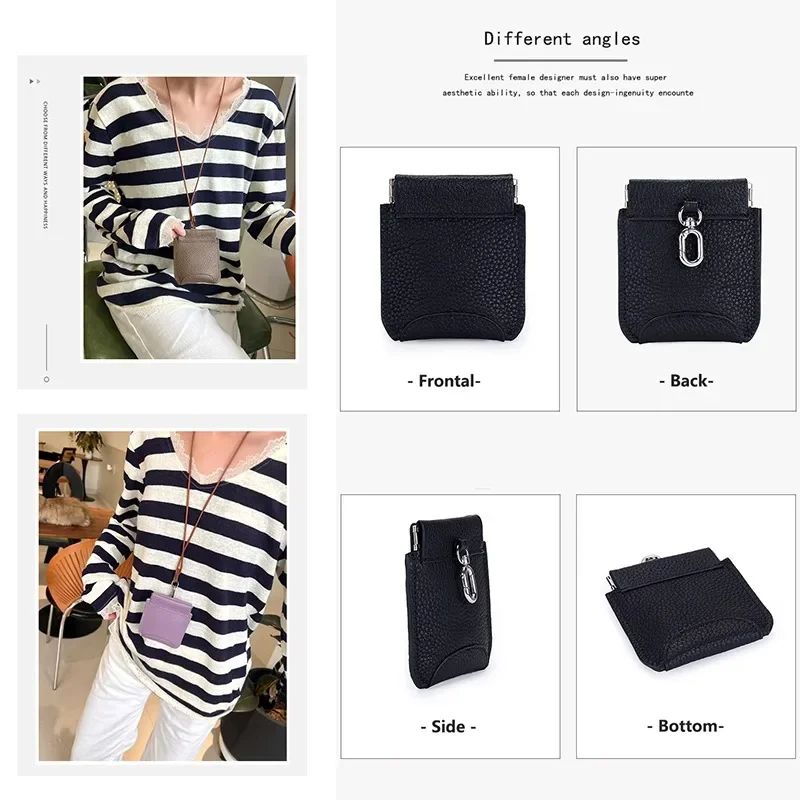 Cartera corta de cuero genuino para mujer, nuevo patrón de lichi, Clip para dinero de Color sólido, gran capacidad con correa para collar, tarjetero, 2025