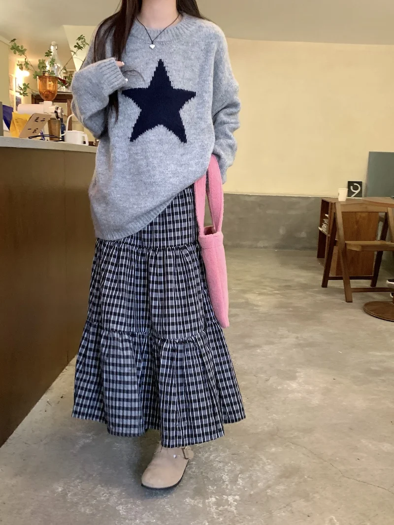 Star Gray Sweater Knitted Top Pullover &Plaid Skirt Midi Long Skirts Women #y2k 2000s aesthetic korean cloth winter fall jumpers