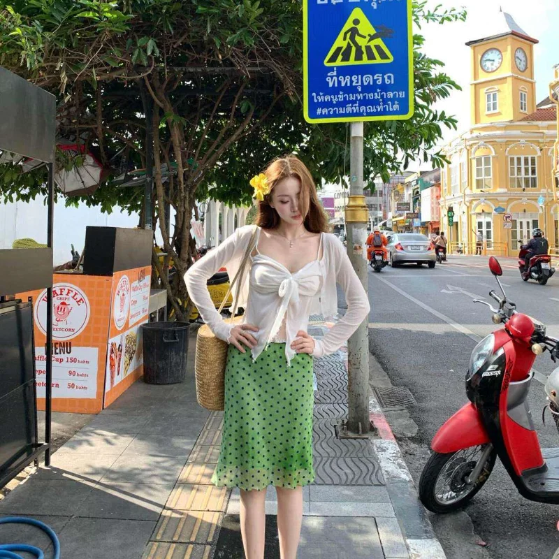 High Quality Green Polka Dot A-Line  Skirt for Women Casual Style Spring Summer New Arrival Versatile Half-length Skirt