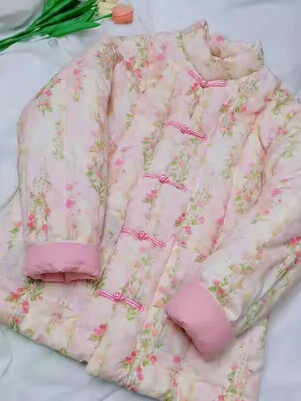 

Thiened Floral Print Cotton Jaet Women's Winter Vintage Chinese Sle Stand Collar Button up Long Sve Warm Top