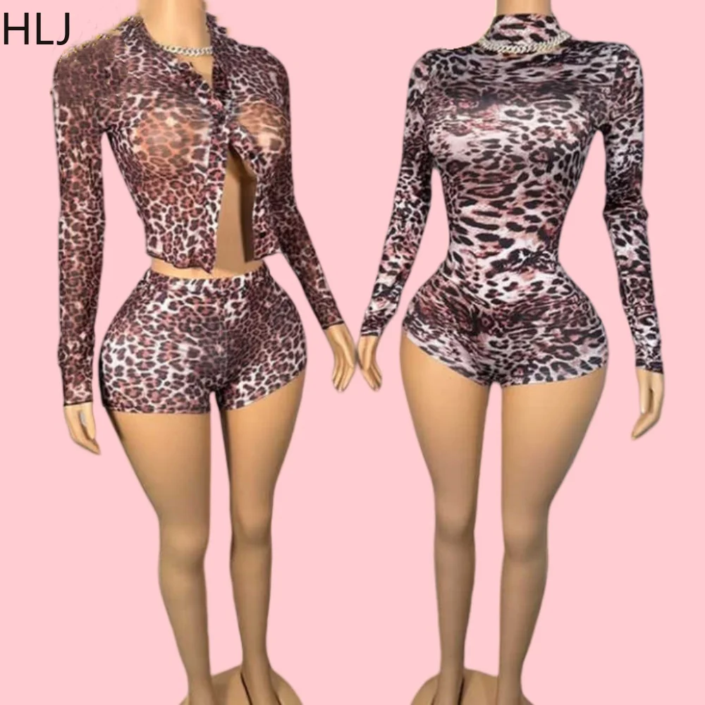 HLJ Spring New Sexy Leopard Mesh See Though Two Piece Sets Women Button Long Sleeve Slim Top And Shorts Outfits Fashion Clubwear