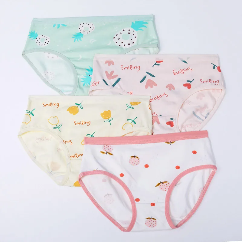 4PCS Kid Cotton Soft Antibacterial Briefs for Girl Cute Cartoon Print Panties Thin Breathable Knickers 2+y Young Child Underwear