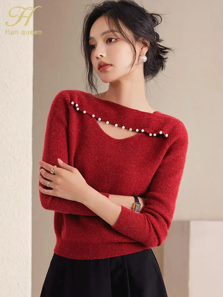 H Han Queen Simple Winter Elegant Hollow Out Beading Pullovers Sweaters Womens New Korean Loose Casual Vintage Office Tops