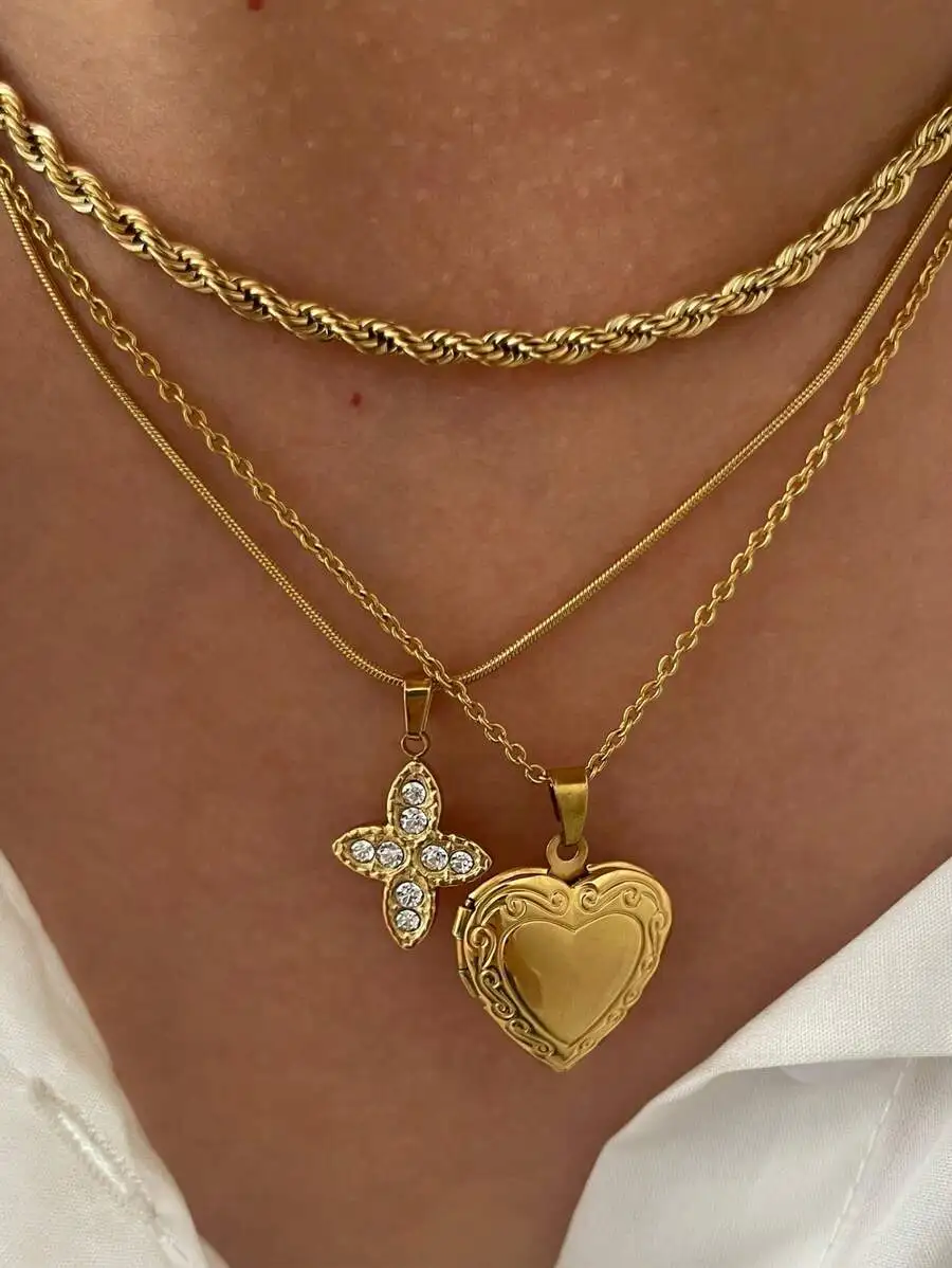 

Gold Plated Heart And Cross Pendant Necklace For Women With Rhinestones Layered Chain Jewelry Gift