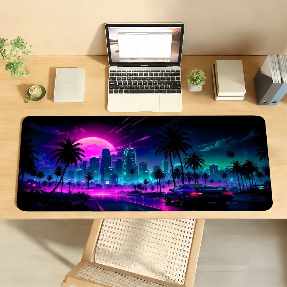 Future City Retro Neon MousePad Non-slip Locking Edge DeskMat PC Laptop Accessories Rubber Office Keyboard Large Game XXL Carpet