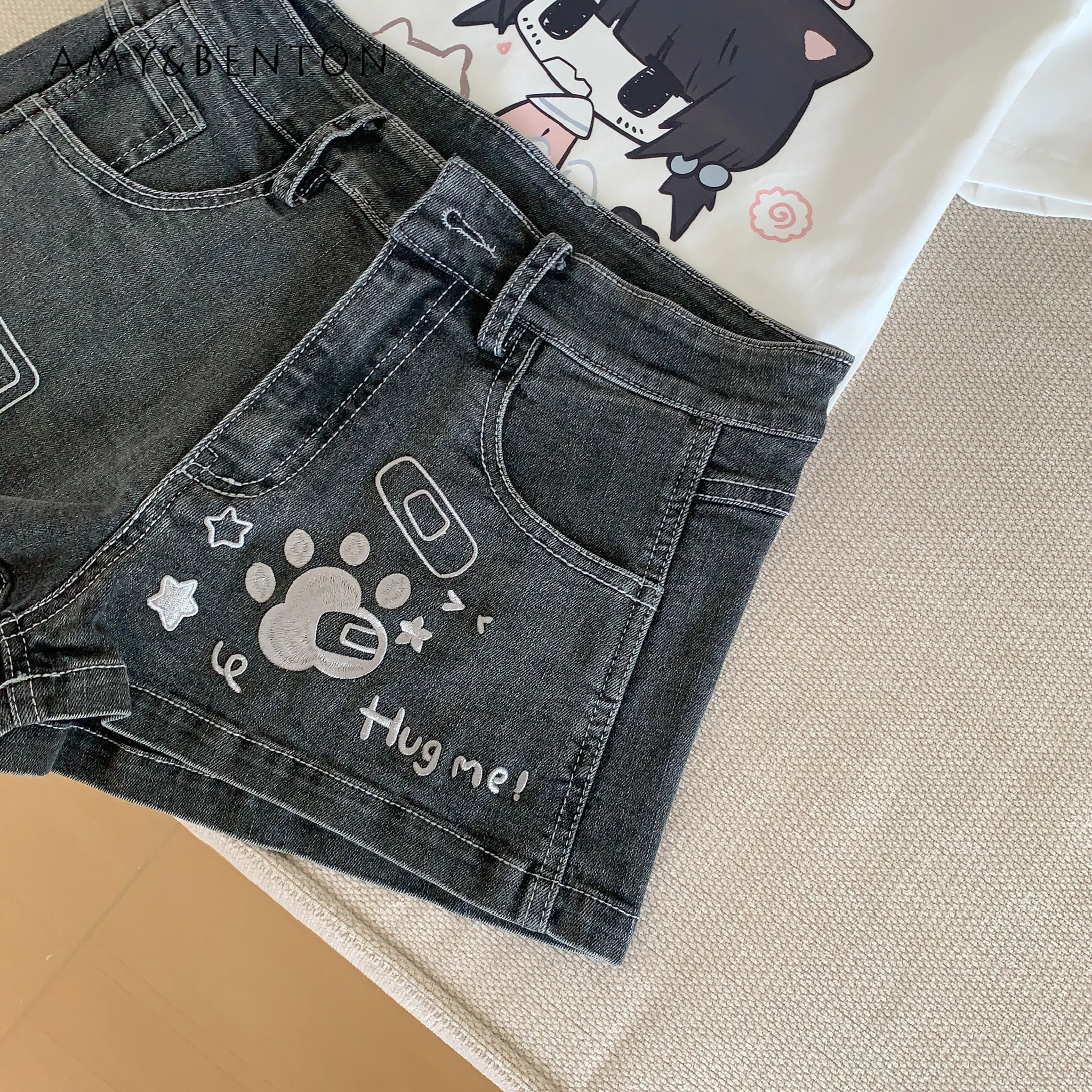 Subculture Spice Girl Y2K Denim Shorts Summer New Versatile Daily Casual Elastic Jean Shorts Cartoon Embroidered Kawaii Shorts