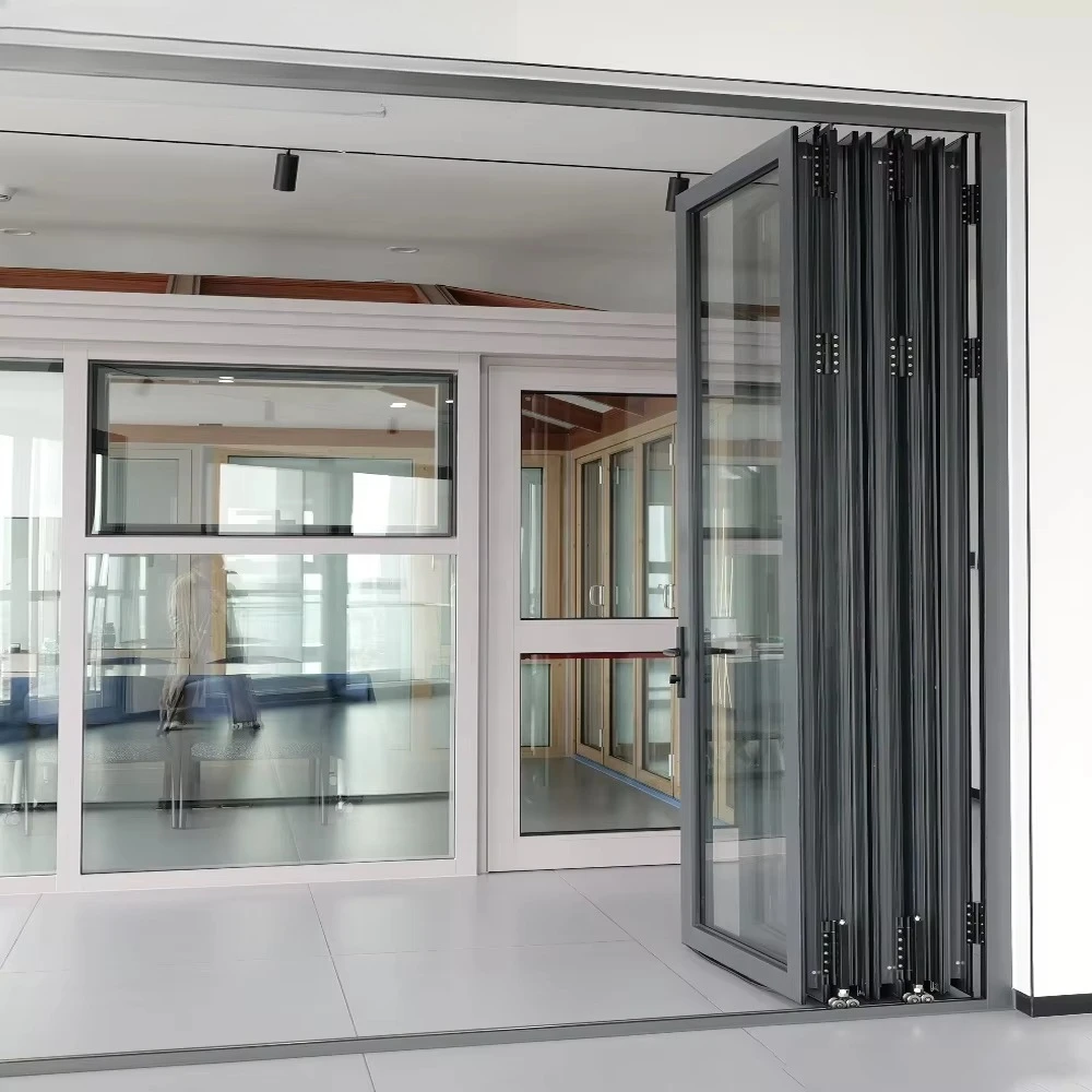 Modern Energy-Efficient Aluminium Glass Accordion Folding Door, Double Tempered Glazed Bifold Door for Patio, 6mm Thick Glass