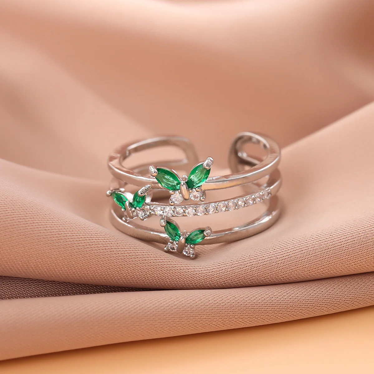 Neue Mode Persönlichkeit Grüne Flügel Kristall 925 Sterling Silber Schmetterling Drei-schicht Temperament Kreative Öffnung Ringe R387