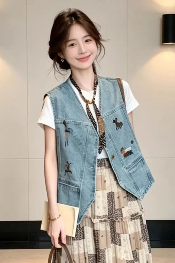 

2026 Summer New Women's Cowboy Vest Loose V-neck Embroidered Short Cowboy Tank Top