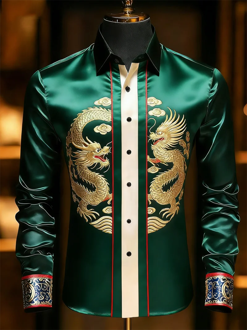 

New 11 color men's long sleeved lapel shirt fashionable 3D cloud printed dragon pattern long sleeved shirt