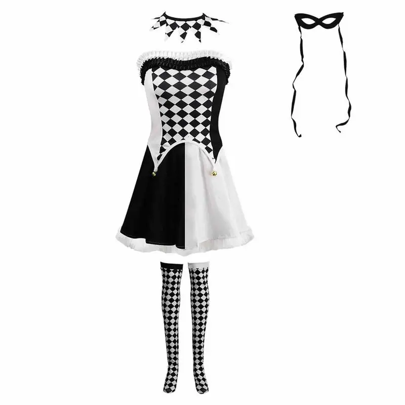 Halloween Circus Costume Black And White Grid Evil Outfit Cosplay Accessories Halloween Dress-Up Supplies For Adults