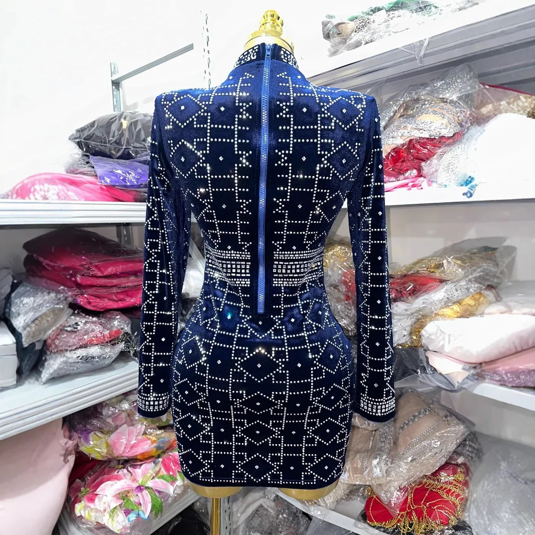 Femmes élégant luxe bleu Royal velours perles à manches longues perles moulante Mini robe haute rue bureau dames robes quotidiennes