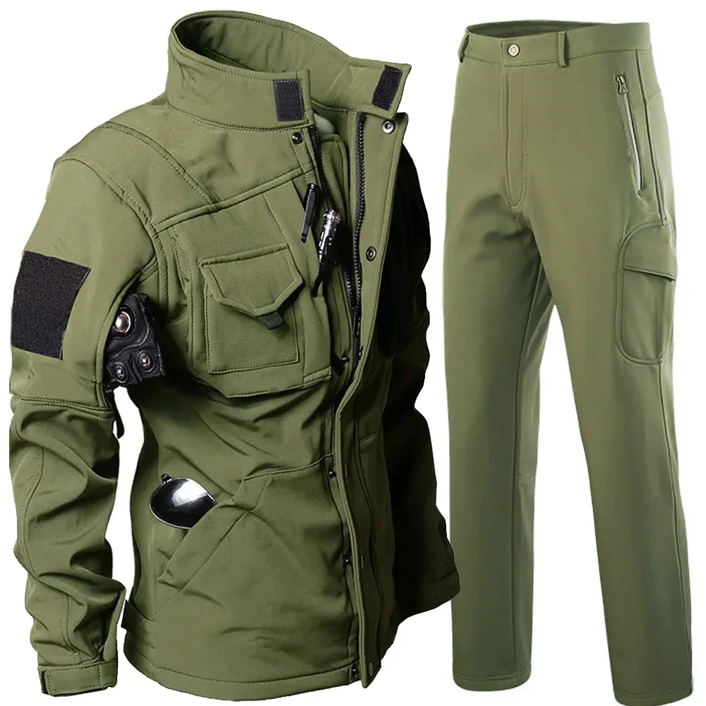 2024 Sets Men Soft Shell Tactical Shark Skin Jackets Pants Set Winter Military Waterproof Thick Stand Collar Moto Jacket Suits