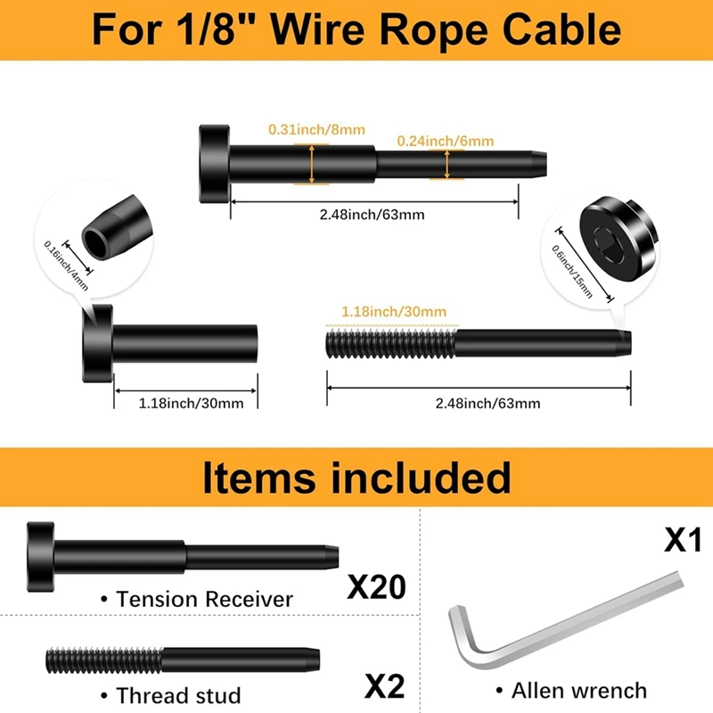Kit di ringhiere per cavi invisibili nere da 20 pezzi, tenditore e terminale Swage di grado marino T316 per ringhiere per cavi
