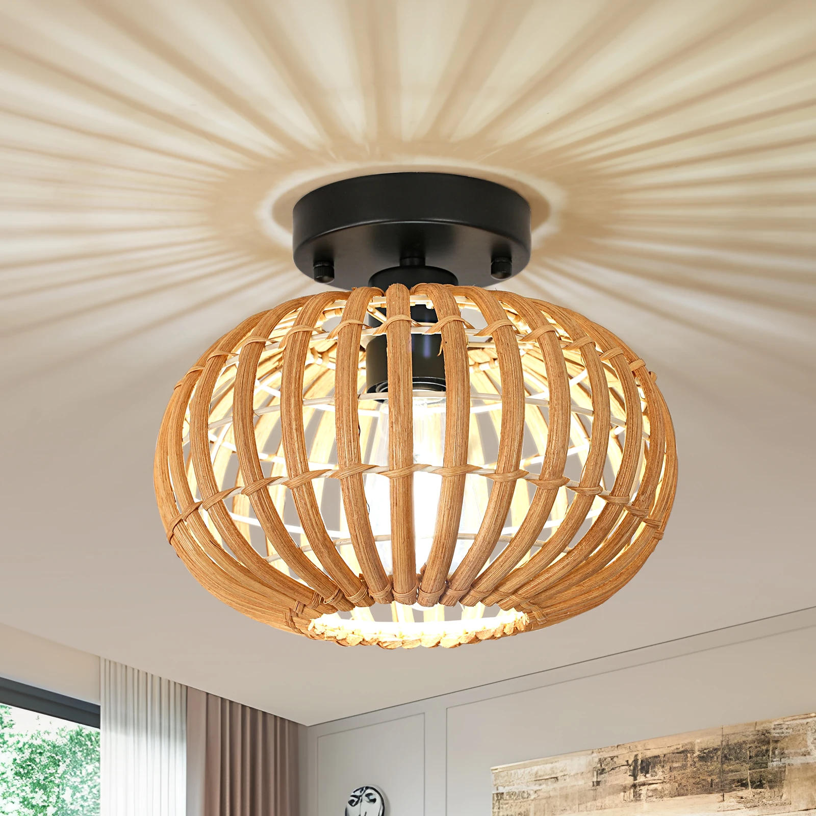 Bamboo Ceiling Light Fixture, 9.8Inch Boho Semi Flush Mount Ceiling Light, Hand-Woven Bamboo Lampshade, Farmhouse Wicker Light F