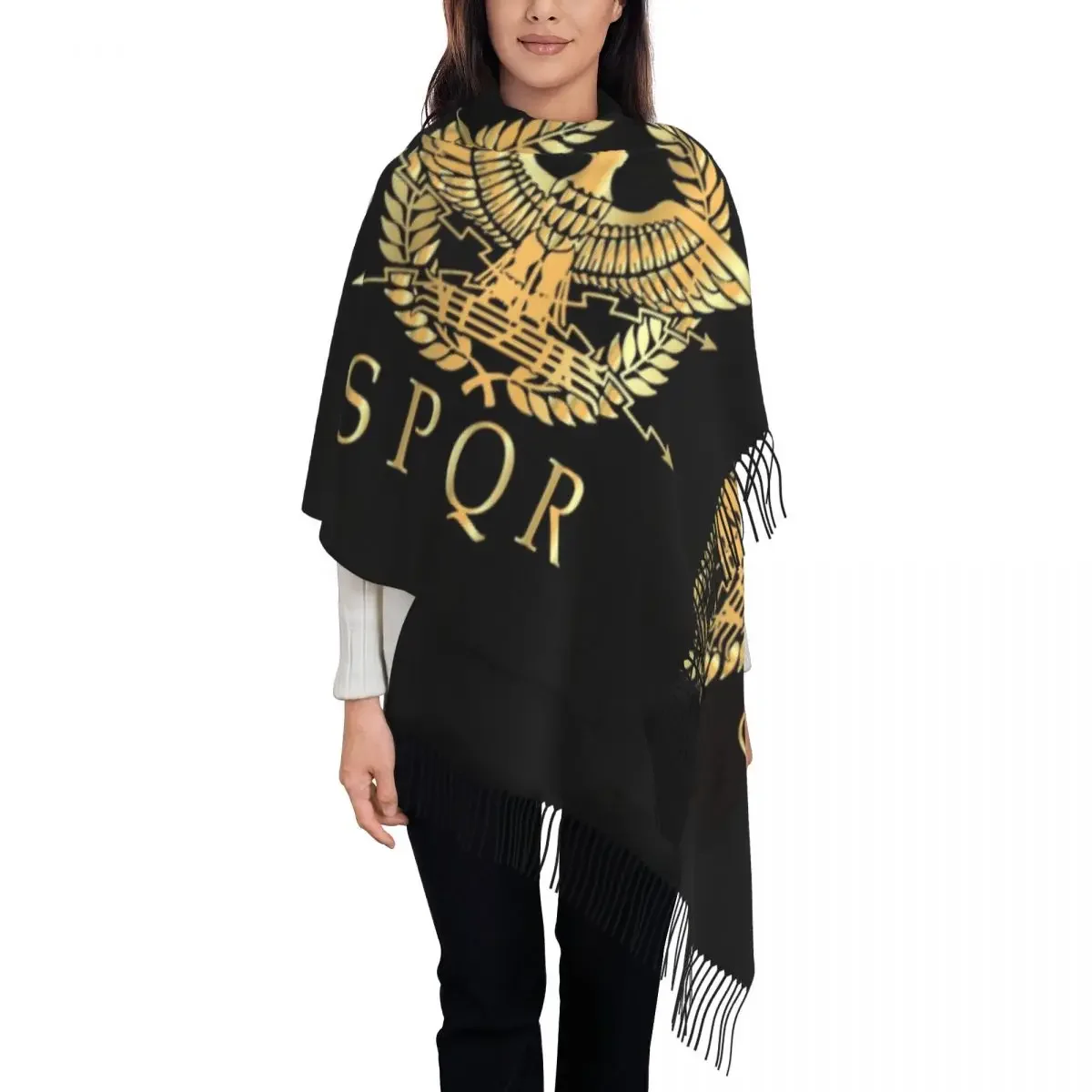 Vintage Gold Roman Empire Byzantine Eagle Emblem Scarf Wrap for Women Long Winter Warm Tassel Shawl Unisex Rome SPQR Scarves