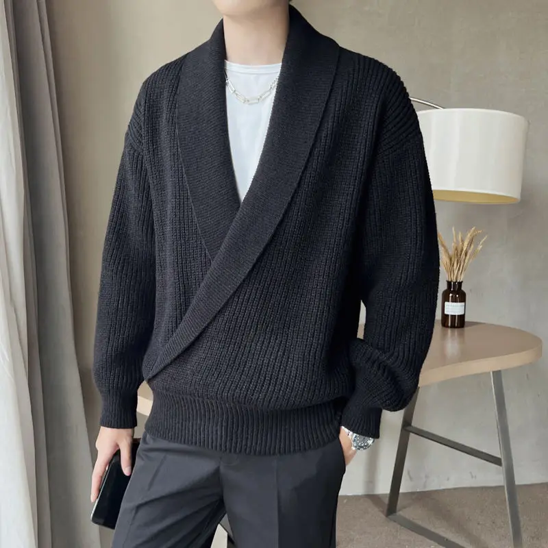 

Autumn Winter Loose Basic Pullovers Knitted Casual V-Neck Chic Spliced Men's Clothing Solid Color Vintage Long Sleeve Sweaters