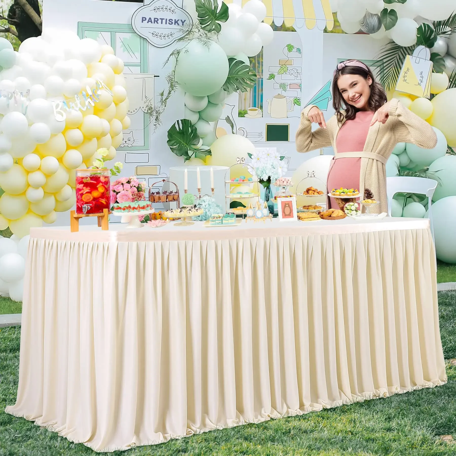 テーブルスカート しわになりにくい プリーツフリル付き セージグリーン テーブルスカート パーティー 結婚式 誕生日 甘いテーブルデコレーション用