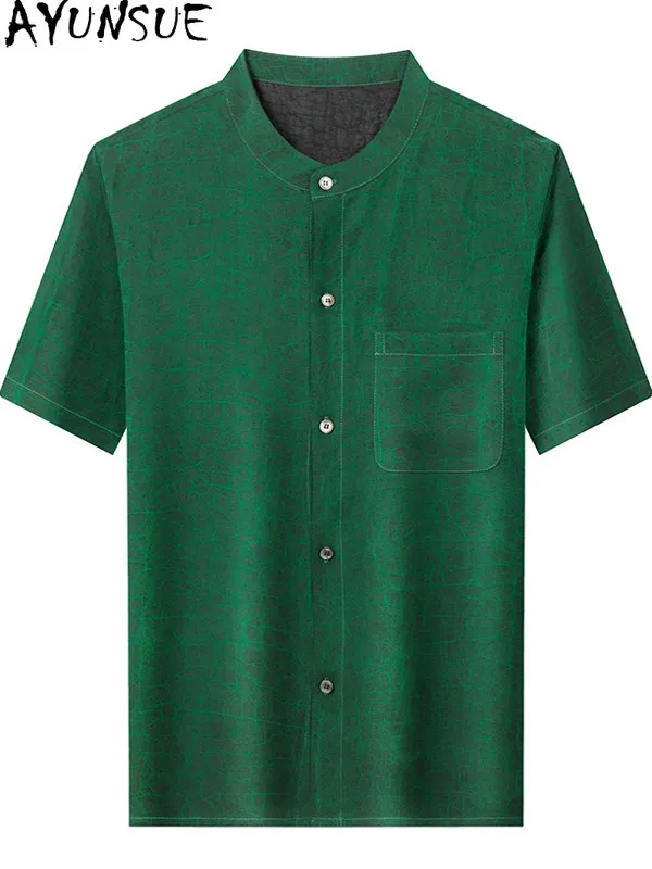 

AYUNSUE 100% Real Mulberry Silk Shirts for Men Summer High-end Gauze Silk Shirt Man Clothing Short Sleeve Tops Green Shirt Stand