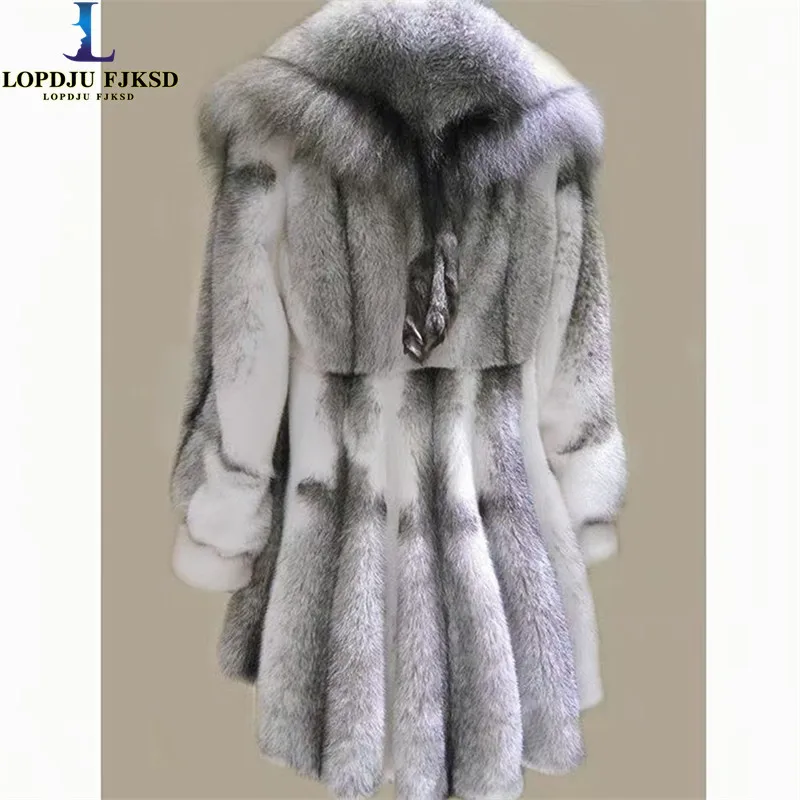Faux Mink Fur Coats for Women,Faux Fox Fur Collar Long Jackets,Luxury Overcoat,Female Clothes,New,Autumn and Winter