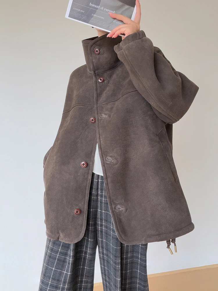 High-End-Luxus-Merin-Schaffell-Wildlederjacken für Damen, 2022, neuer einfacher Vintage-Winter-Echtleder-Echtpelz-Lammfellmantel