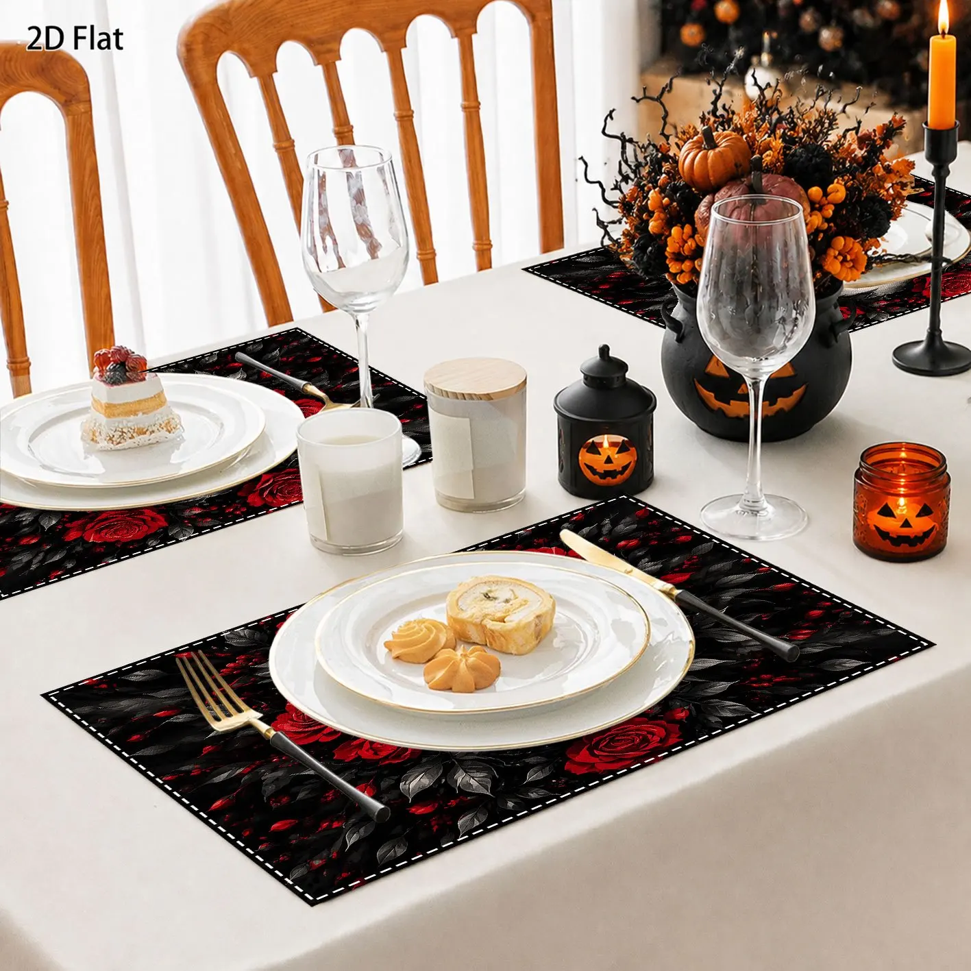 4pcs Halloween Placemat Set, Gothic Skull Red Rose Dark‑Leaf Black‑Background Tattoo‑Style Print for Holiday Party Table Decor