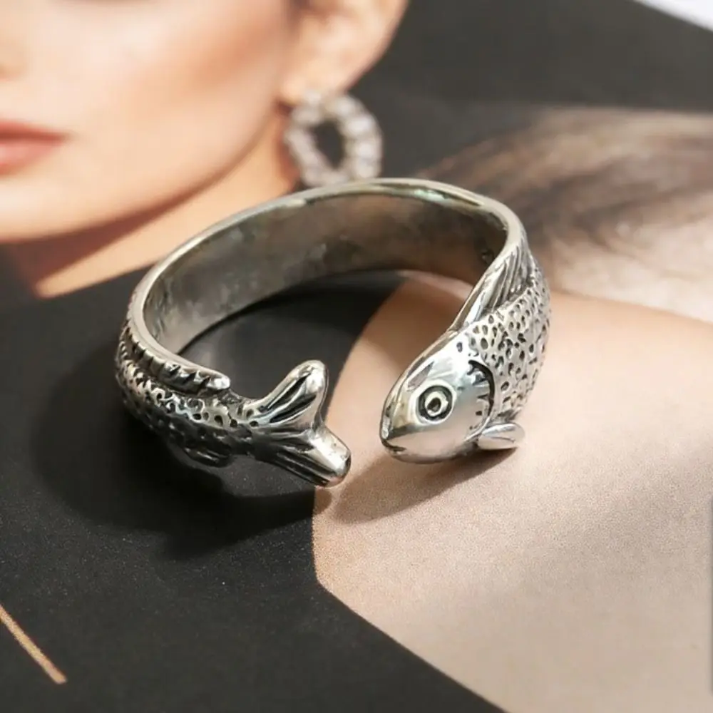 Personalized Simple Fish Shaped Ring Distressed Alloy Vintage Adjustable Ring Silver Gold Retro Open Ring Accessories