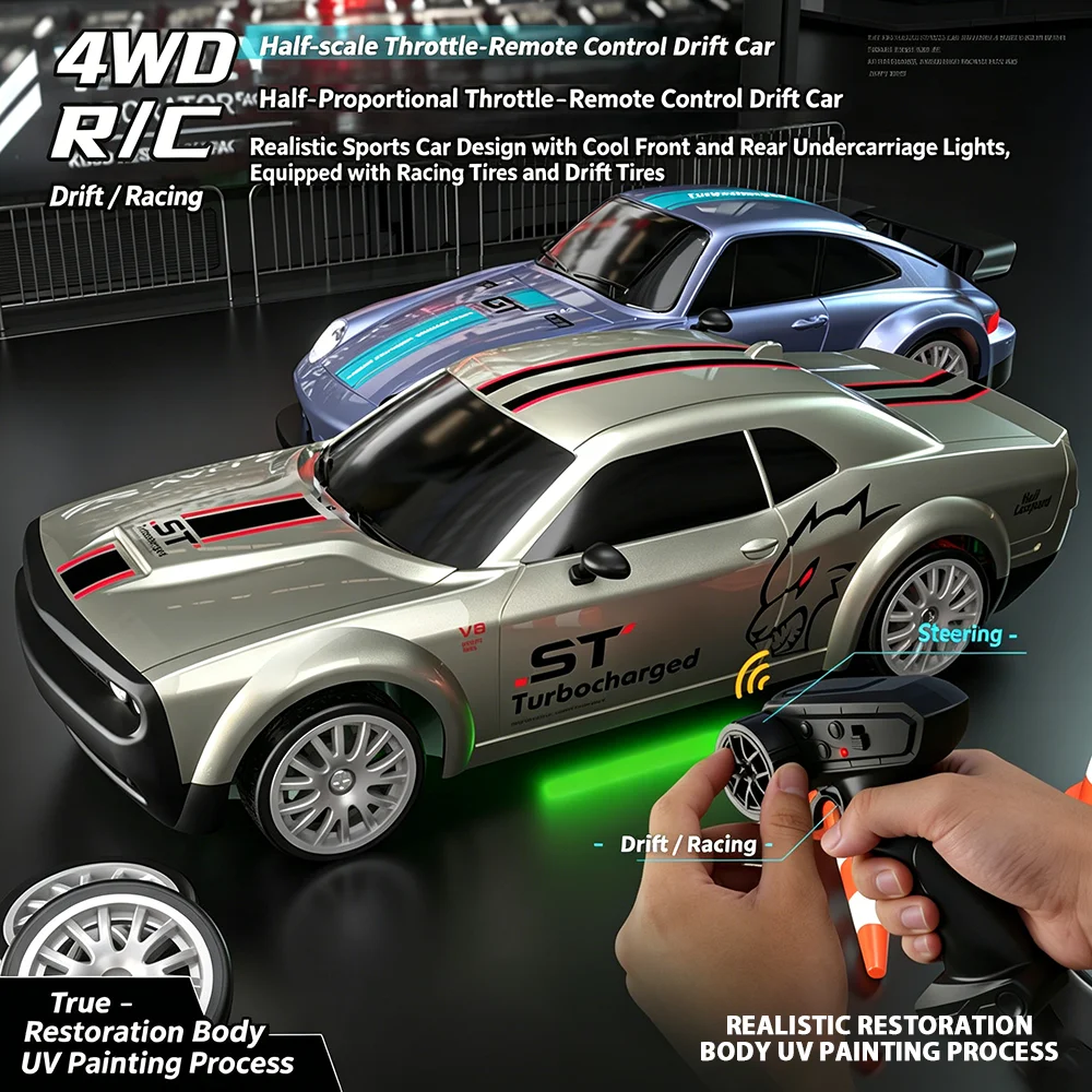 4WD RC Drift Racing Car 2.4GHz Anti‑Interference Radio Control Vehicle With Chassis LED Light UV Paint Shell 2 Sets Replaceable