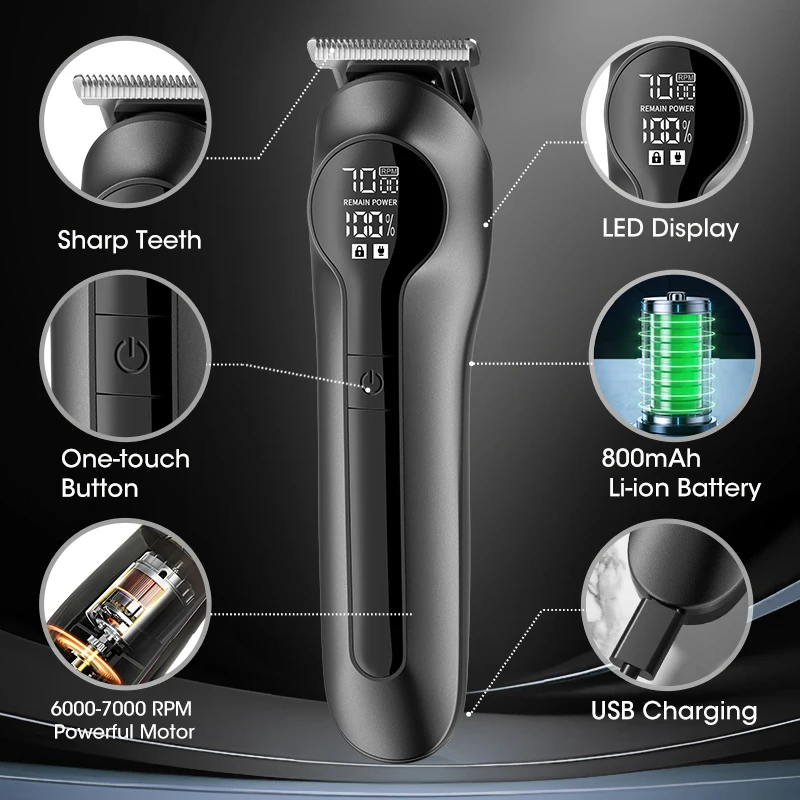 6-in-1 Multi-function Hair Clipper With Digital Display and High Power Nose Hair Shaving Kit Cutting Machine Men's Personal Care