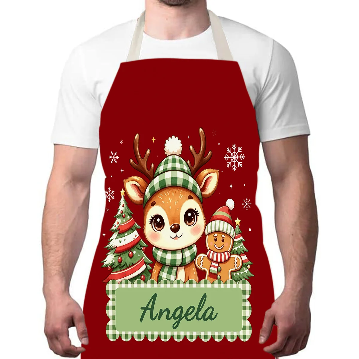 1PC Personalized Christmas Apron Custom Name Text Watercolor Reindeer Gingerbread Xmas Tree Print Cooking Baking Kitchen Gift