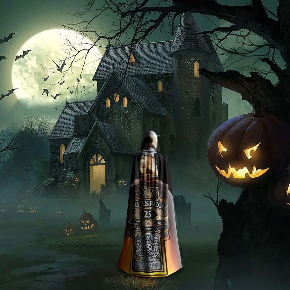 Garrafas de bebidas alcoólicas variadas cerveja e vinho longo com capuz capa bruxa traje medieval cosplay capa halloweenvampiro