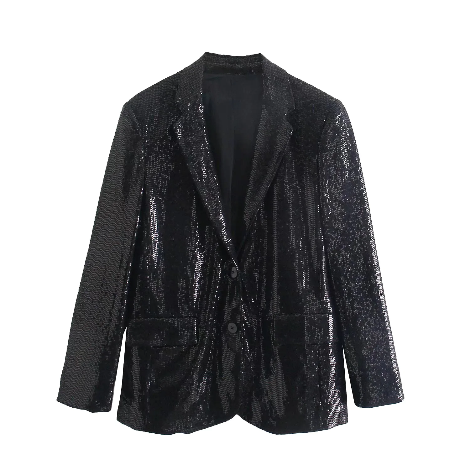 

Women Fashion Sequin Decoration Loose Blazers Coat Vintage Long Sleeve Pockets Female Outerwear And High Waist Short