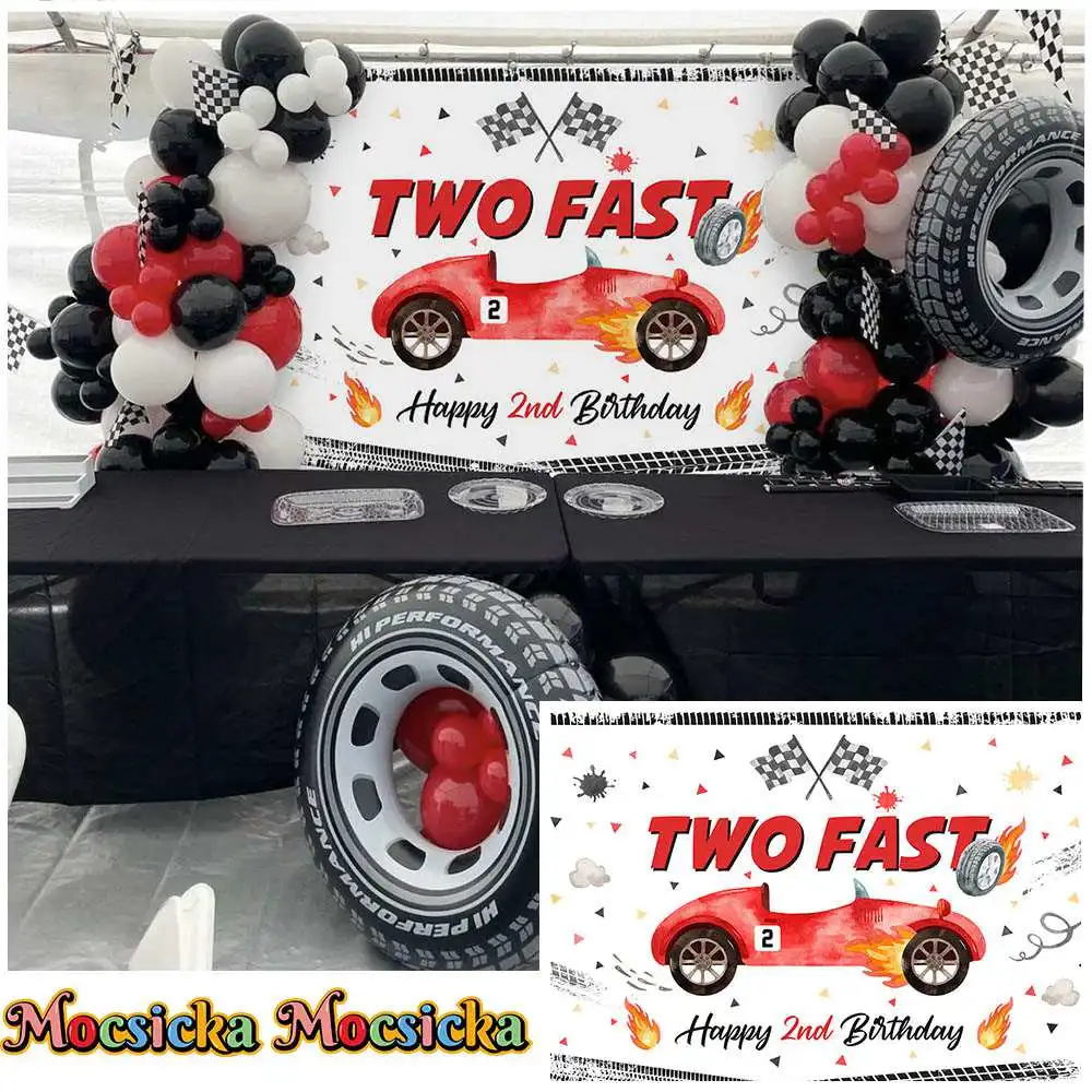 

Mocsicka Two Fast Birthday Backdrop Boy Happy 2nd Birthday Party Decor Red Car Racing Background Custom Banner Studio Photoshoot