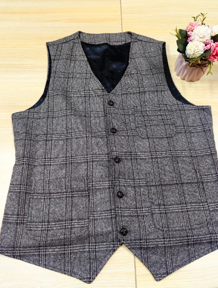 Mens Vintage Business Vest Plaid Classic Coat Tweed Slim Fit Formal Waistcoat for Wedding Groomsmen