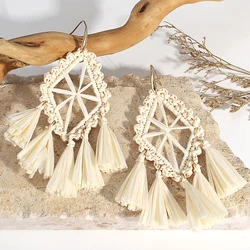 AENSOA Handmade Braided White Natural Raffia Tassel Earrings for Women Ethnic Geometric Rhombus Drop Earrings Gold Color Jewelry