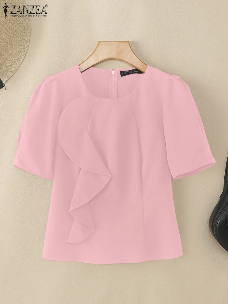ZANZEA-Blusas elegantes con volantes para fiesta para Mujer, Blusas de verano 2025 con cuello redondo y manga corta abombada, ropa de oficina, Tops sólidos