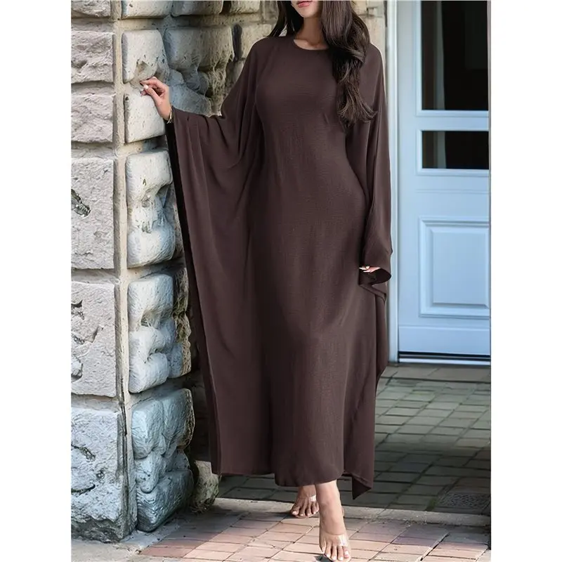 SYW-Women's Elegant Solid Color Long Sleeve Dress Bat Sleeve Islamic Maxi Robe