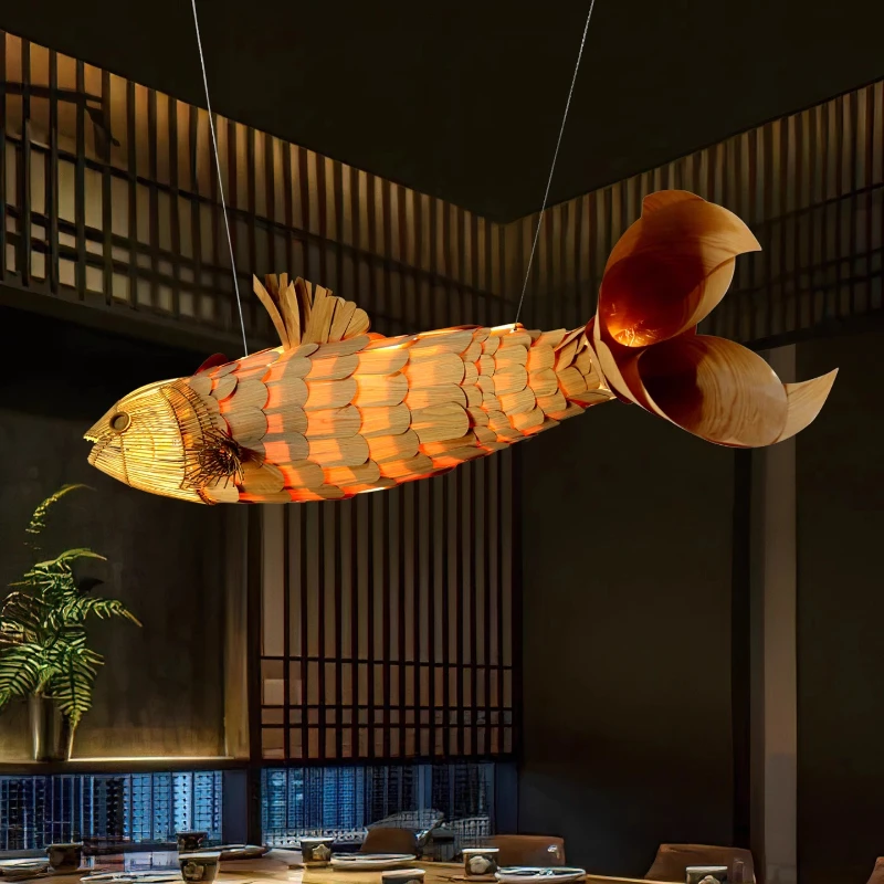 Southeast Asian Fish Shaped Wooden Pendant Lights Creative Art Decoration Lobby Tea House Restaurant Carp Shape Hanging Lights