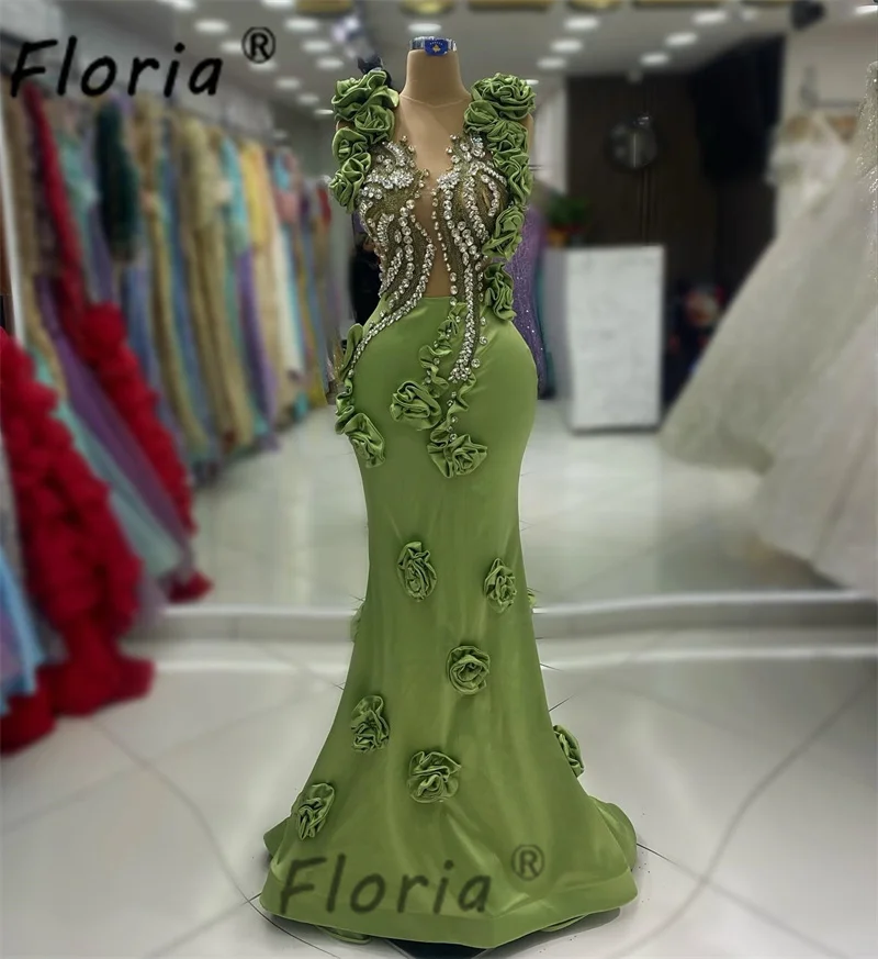 Primavera Verde Fiori 3D Abiti da sera Applicazioni floreali Sheer Mermeid Prom Dress Celebrity Party Gown abiti da sera 2024